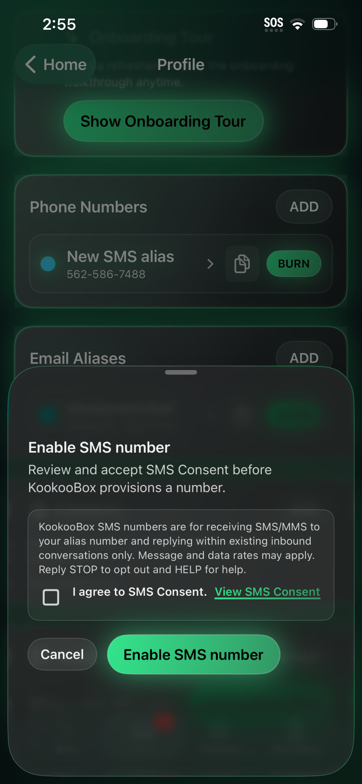 Screenshot of the KookooBox app SMS Consent screen showing where a user accepts SMS consent before enabling an SMS number.